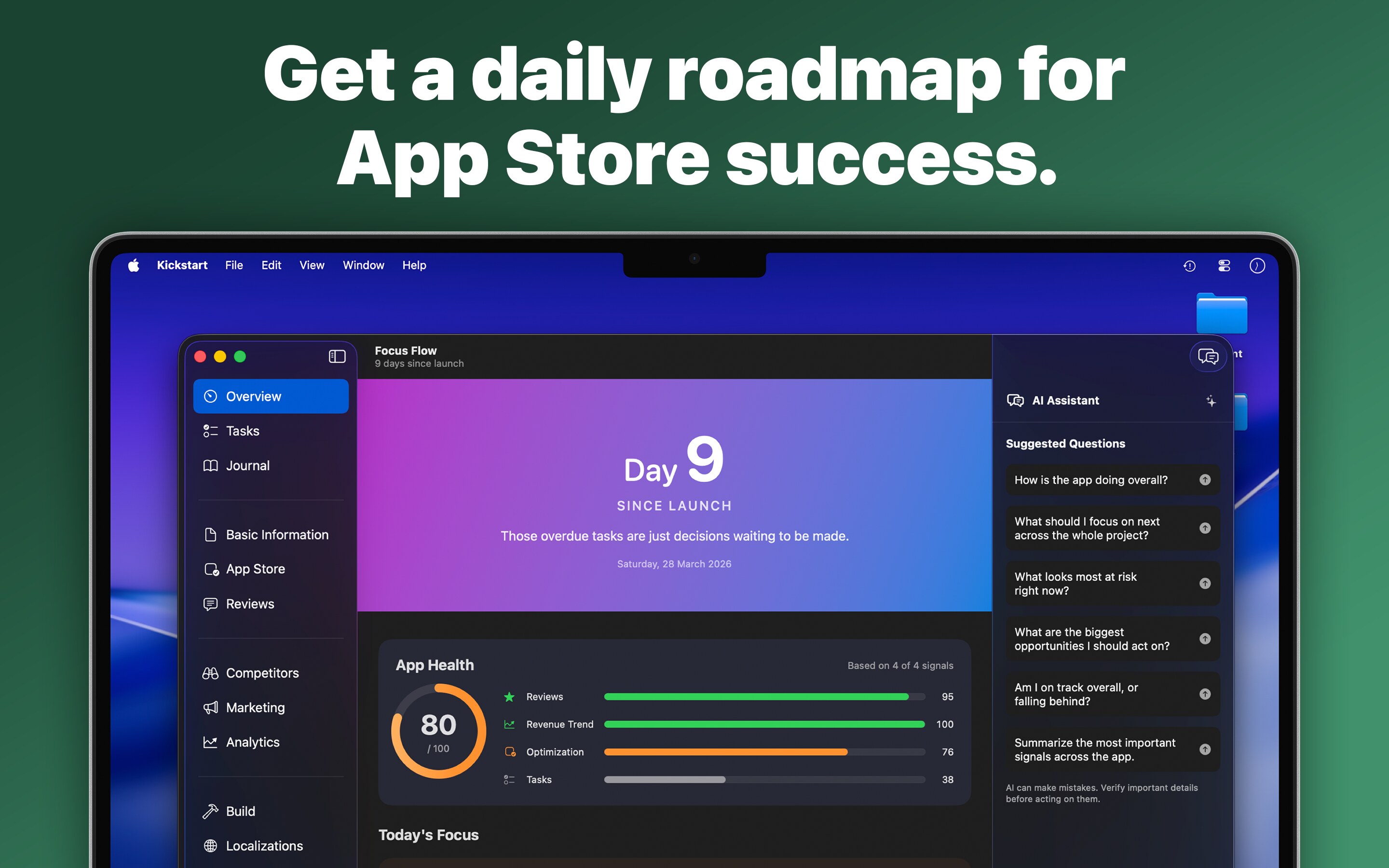 Kickstart daily roadmap showing launch day, app health, today's focus, and suggested next steps