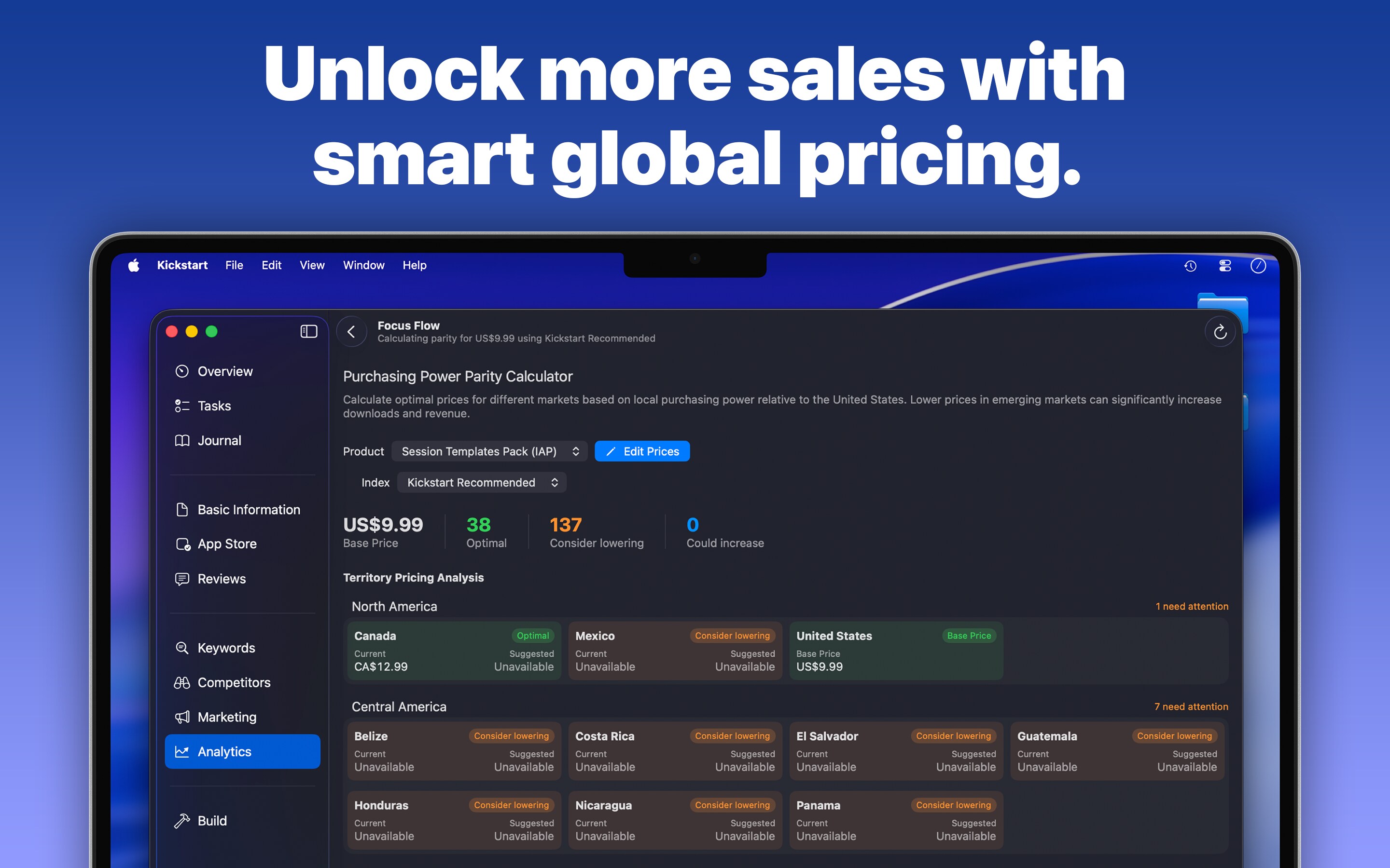 Kickstart Price Parity Calculator comparing purchasing power and recommended App Store prices across countries