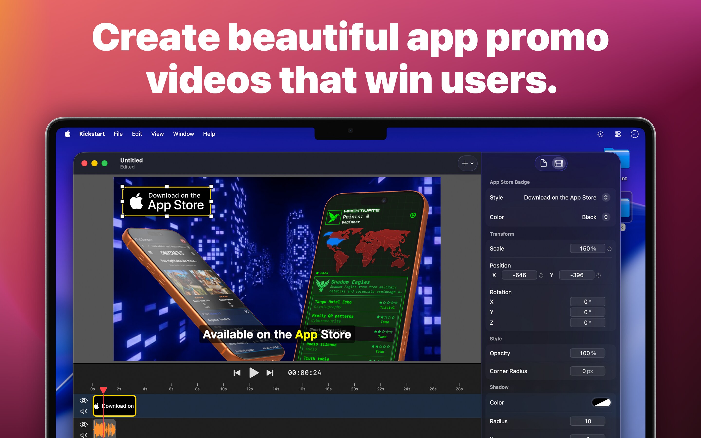 Kickstart video editor creating a polished app promo with device footage, text, audio, and a multi-track timeline