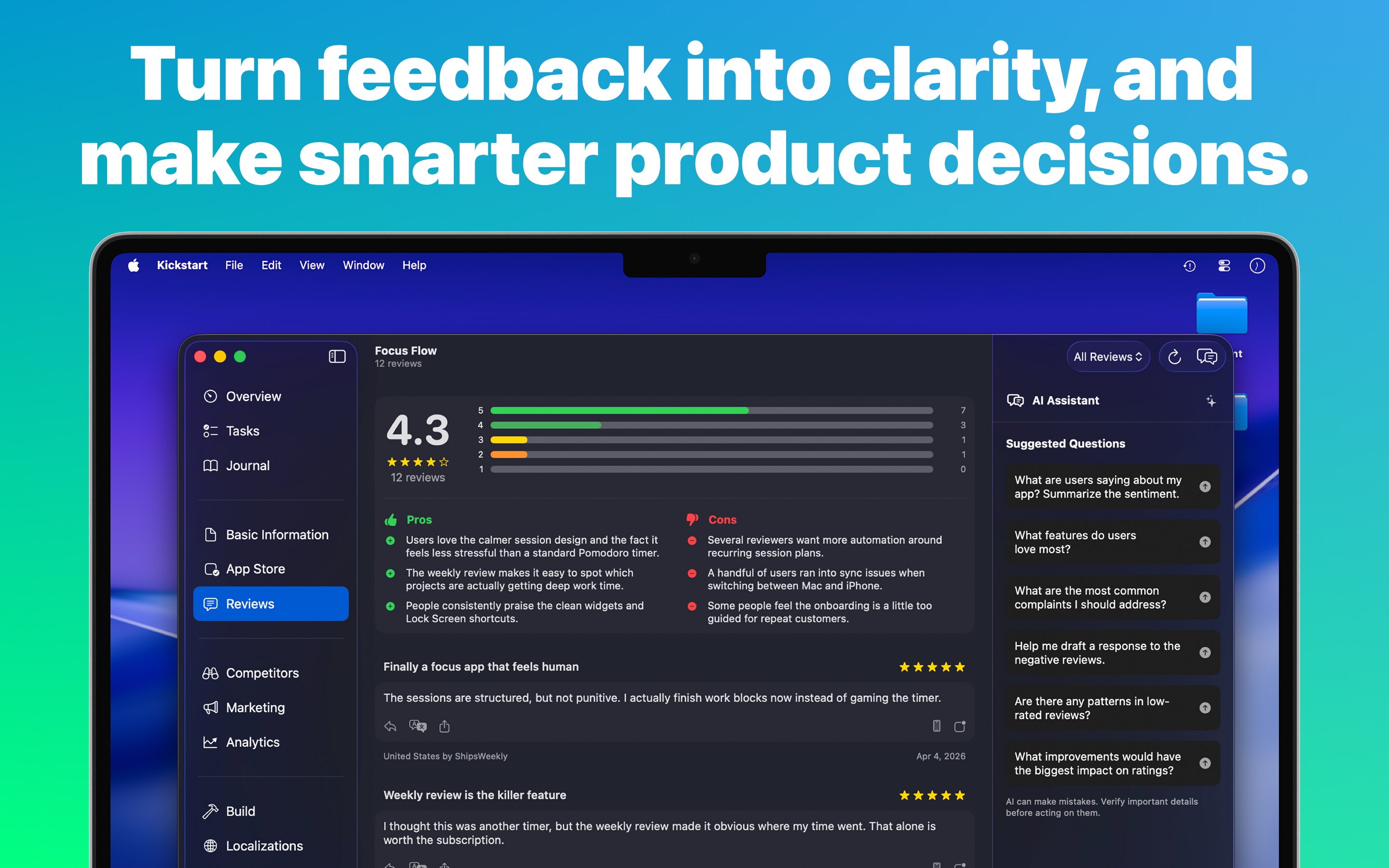 Kickstart review intelligence showing rating health, summarized pros and cons, customer reviews, and suggested next steps