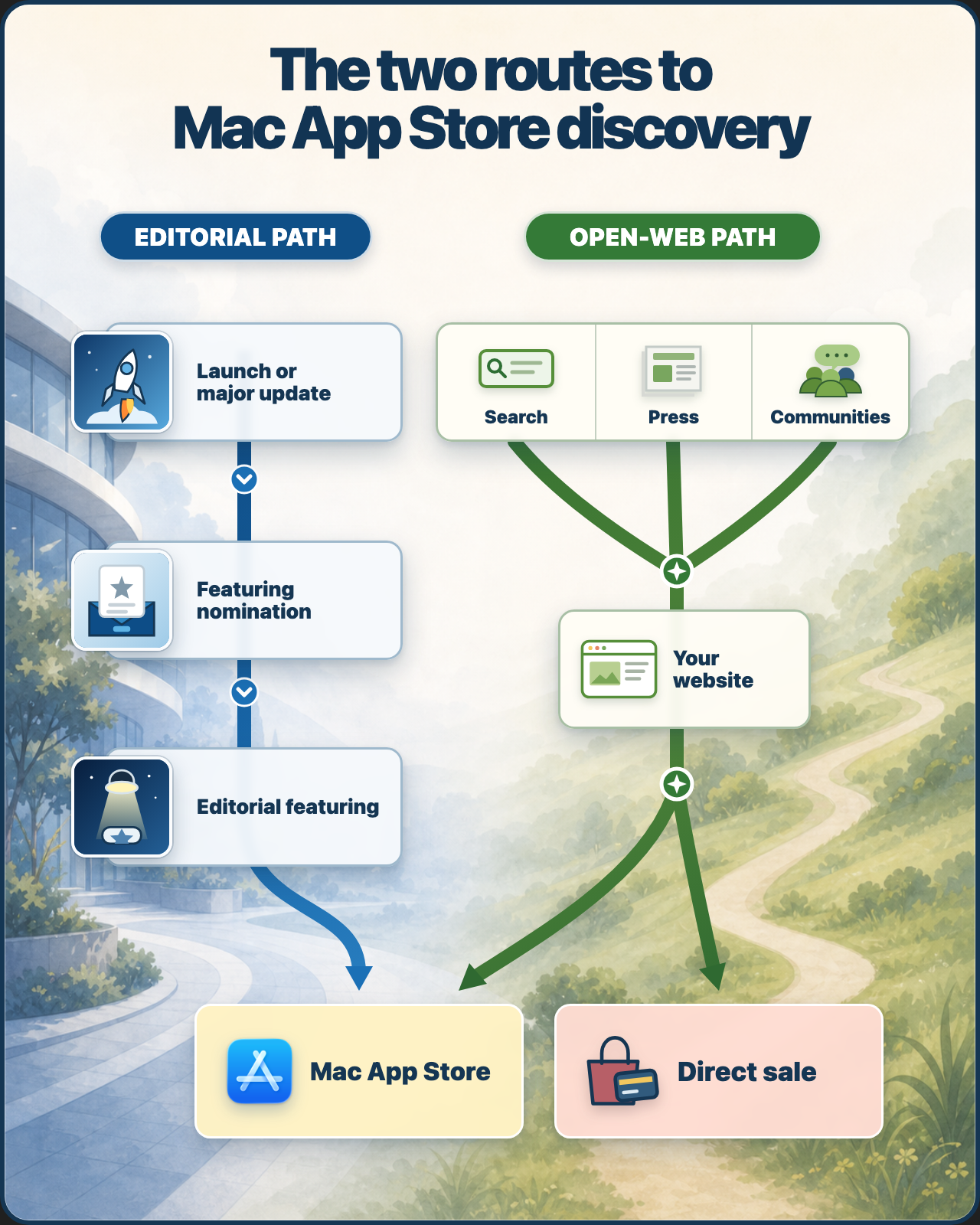 Diagram of two Mac app discovery routes: editorial featuring through a nomination, and open-web discovery through search, press, communities, and a product website.