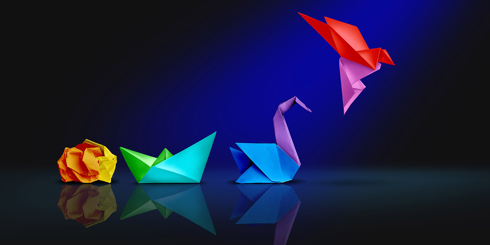 Colorful paper forms progressing from a crumpled sheet to a bird taking flight