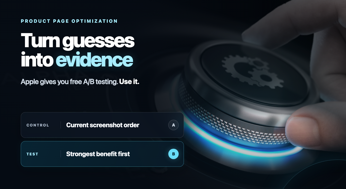 An App Store product page optimization test comparing the current screenshot order with a variant that puts the strongest benefit first.