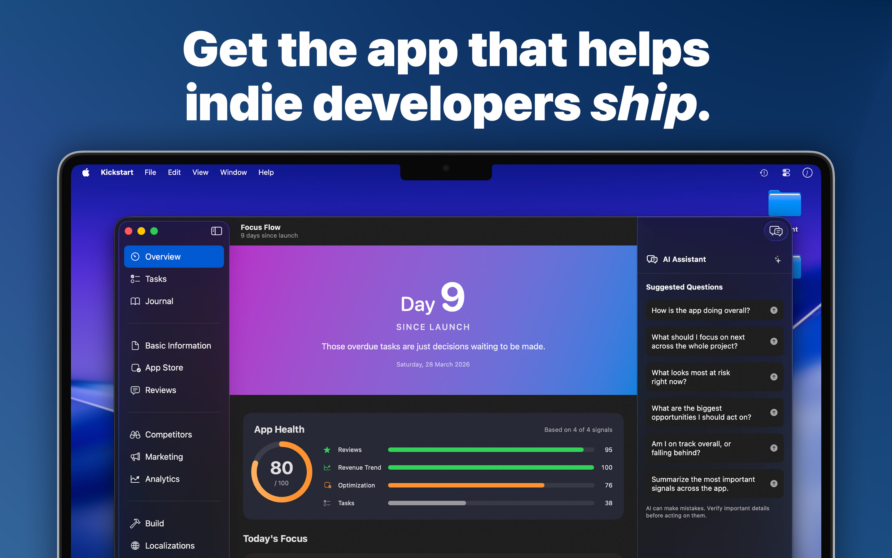 Kickstart overview dashboard showing daily focus, app health, and AI assistant