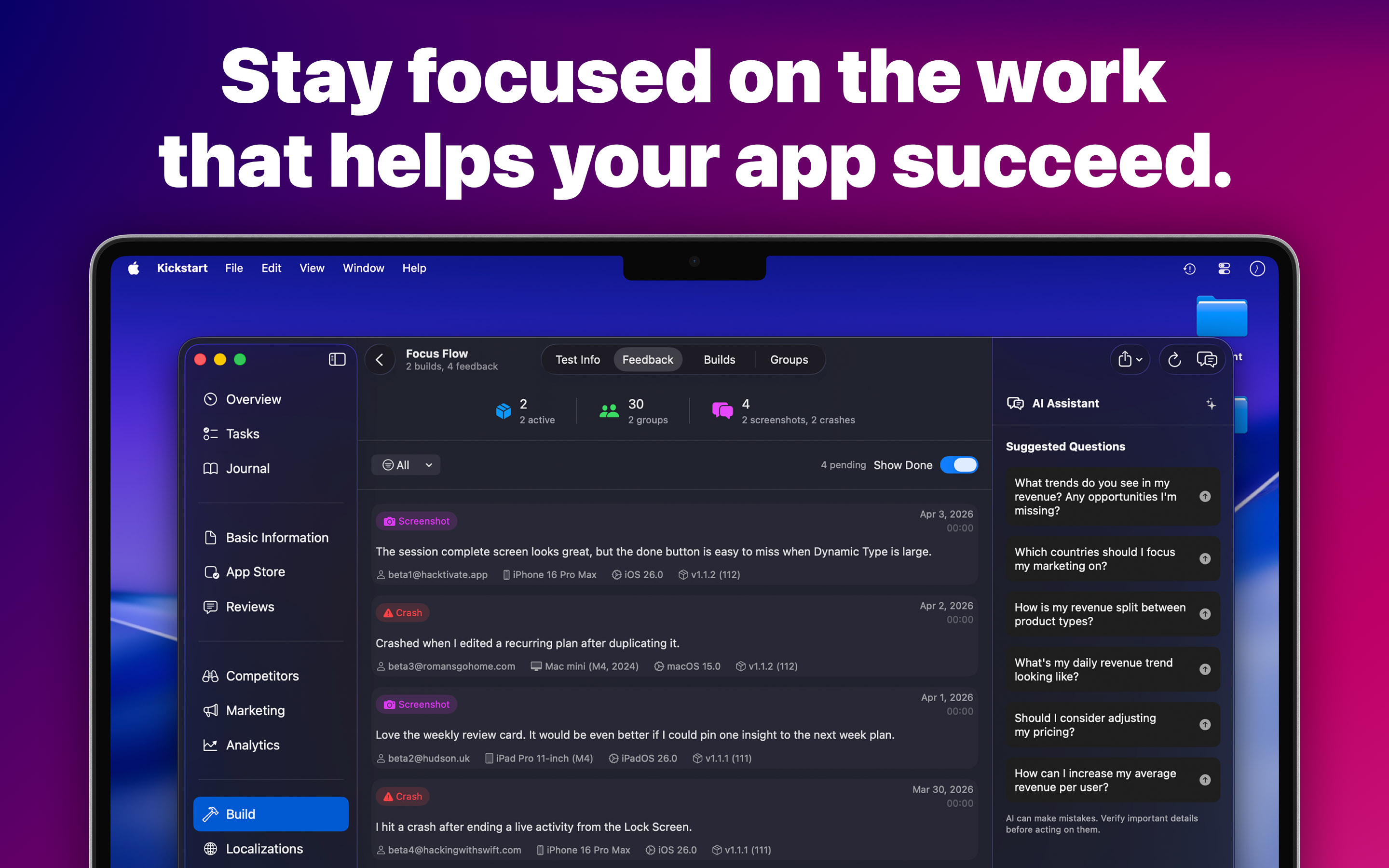 Kickstart build view showing TestFlight feedback, builds, groups, and AI suggestions