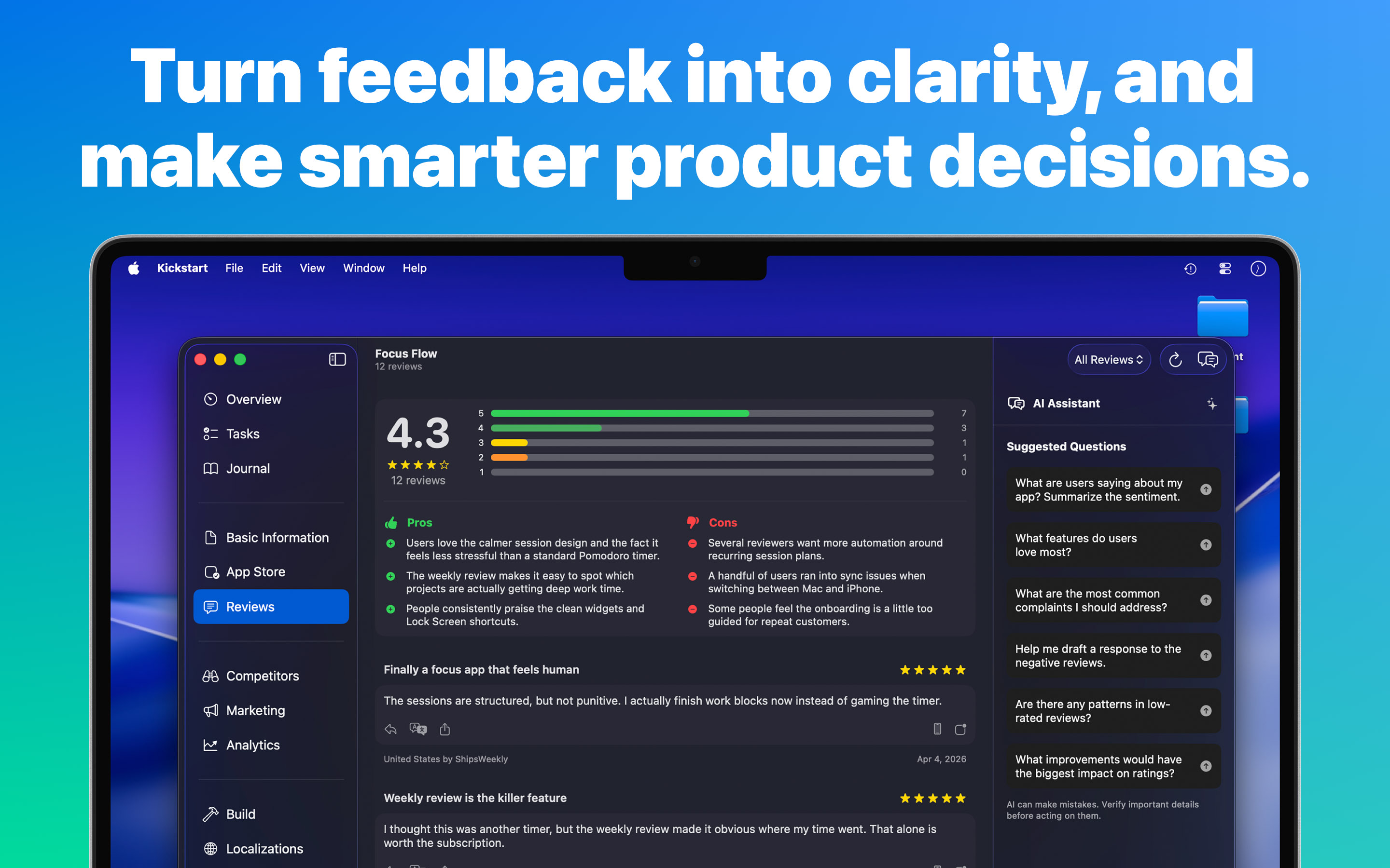Kickstart reviews view showing rating summary, pros and cons, review replies, and AI suggestions