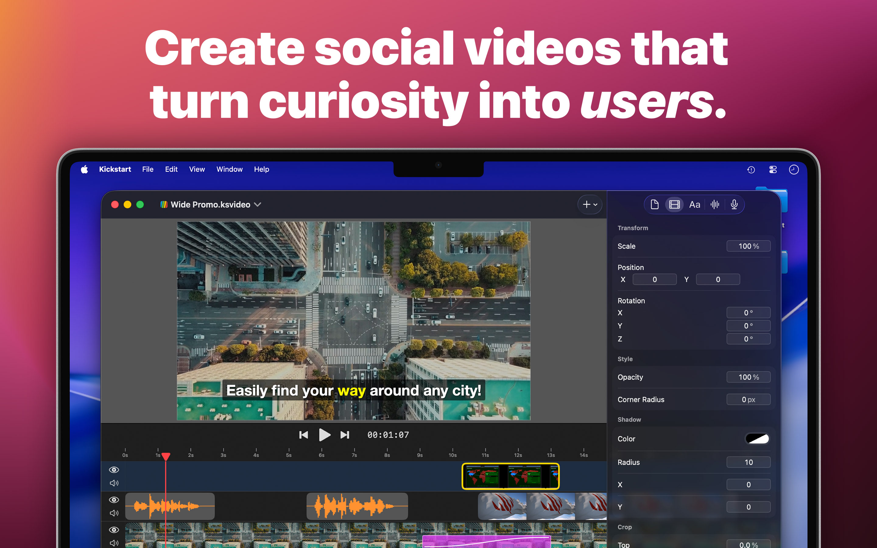 Kickstart video editor creating a social promo video with layered timeline and editing controls